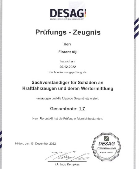 DESAG-Prüfungszeugnis von Florent Alji, Sachverständiger für Schäden an Kraftfahrzeugen